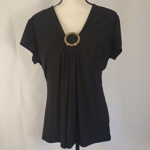 Cato Black and Gold Ruched Short Sleeve Blouse